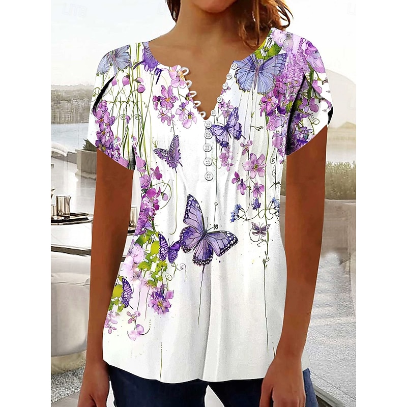 Women's Boho Shirt Ombre Floral Graphic Bohemia Vintage Daily Sleeveless Short Sleeve Notched Neck Regular Tops Daily Holiday Vacation Wear Ruffle Smocked Sage Green Black Red Blue Purple Summer