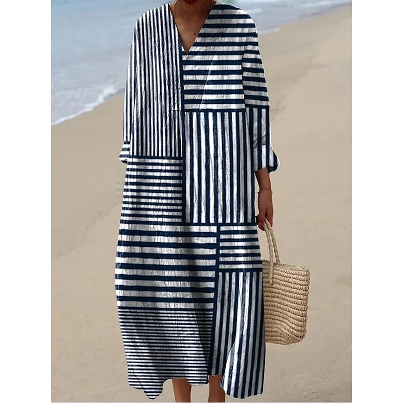 Women's Midi Dress V Neck Long Sleeve Kaftan Lightweight Loose Fit A Line Dress Casual Boho Going out Loose Fit Graphic Geometric Stripe Long Sleeve V Neck Ash Black Yellow Blue2