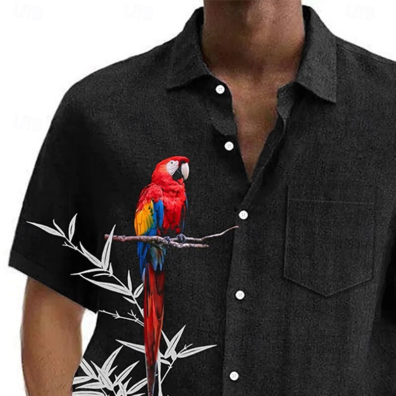 Men's Bird Plants Parrot Summer Hawaiian Shirt Button Up Shirt Aloha Shirt Short Sleeve Hawaiian Vacation Holiday Beach Wear Summer Spring Turndown 3D Print Front One Pocket Linen Like Shirt Black2