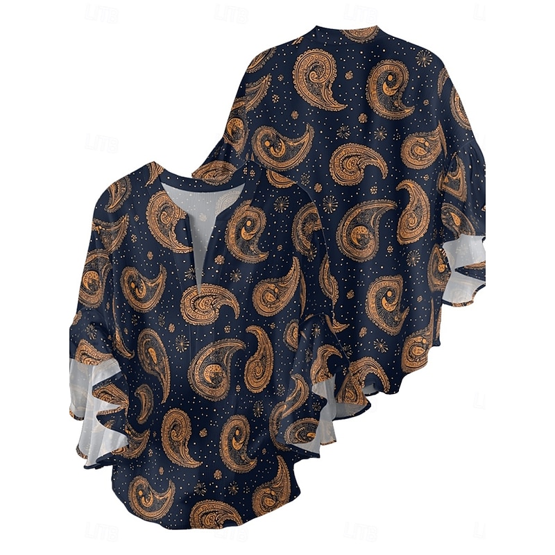Women's Blouse Paisley Retro Vintage Ethnic 3/4 Length Sleeve V Neck Regular Tops Daily Holiday Ruffle Print Black Navy Blue Purple Orange Summer4