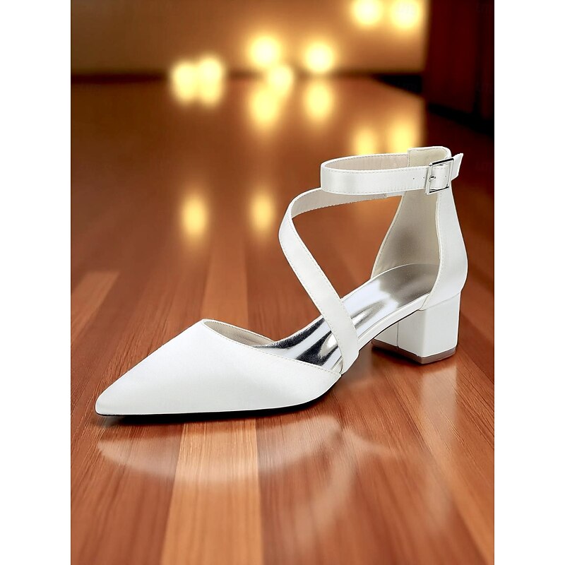 Women's Champagne Satin Block Heels - Pointed Toe Cross-Strap Dress Shoes with Ankle Buckle for Cocktail Parties and Semi-Formal Evenings3