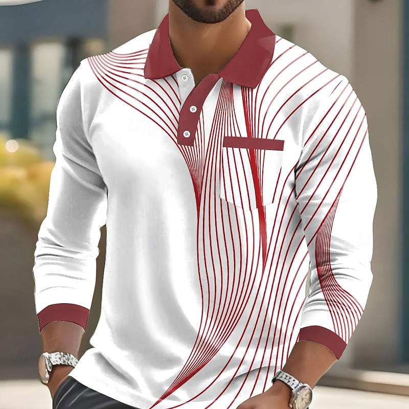 Men's Geometric Polo Long Sleeve Polo Shirts Collared Shirts Business Casual Business Athleisure Daily Wear Pocket 3D Print Buttons Spring Fall Winter Red Blue Green2