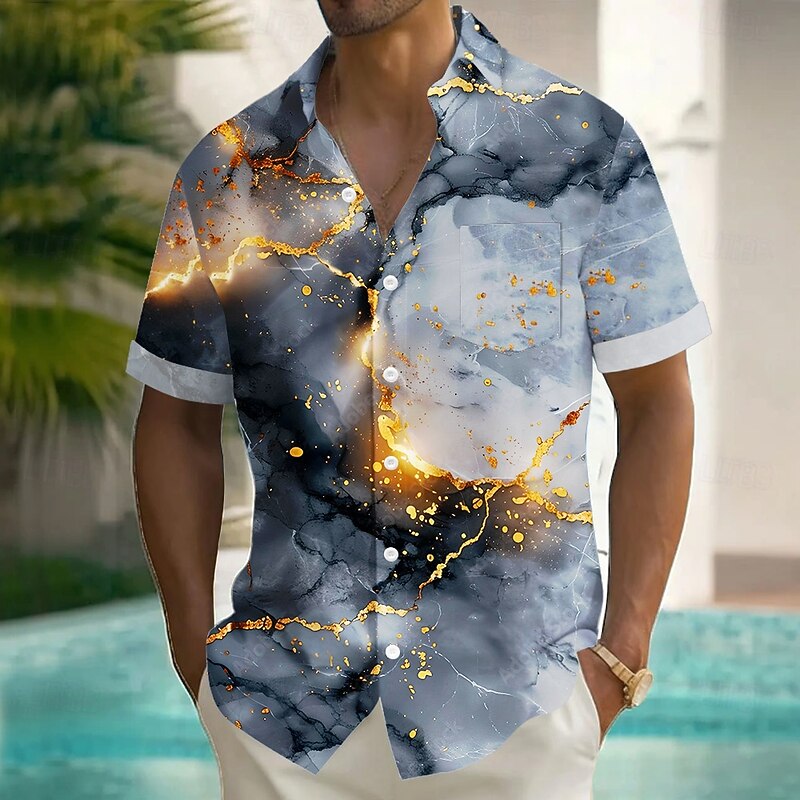 Men's Geometric Marble Abstract Art Shirt Summer Shirt Button Up Shirt Short Sleeve Fashion Casual Vacation Holiday Streetwear Summer Turndown 3D Print Front One Pocket Linen Like Shirt Gray