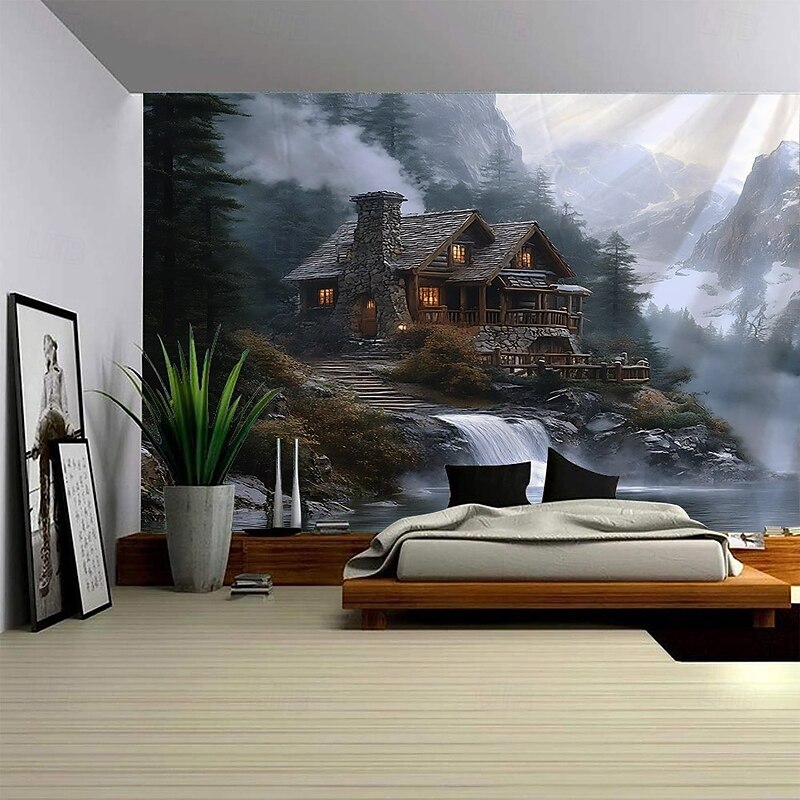 Misty Mountain Mysterious Cabin Waterfall Landscape Hanging Tapestry Mural Art Large Tapestry Mural Decoration Photos Background Carpet Curtains Home Bedroom Living Room Decoration