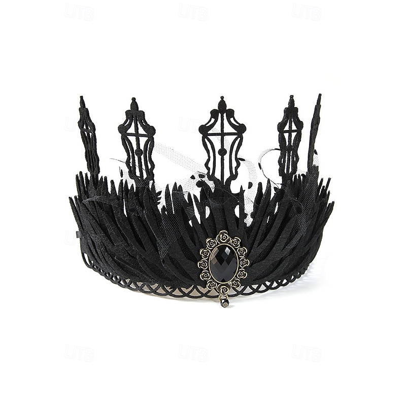 Women's Gothic Black Lace Crown Headband with Gem Pendant, Halloween Party Queen Tiara, Vintage Style Costume Accessory for Adults4
