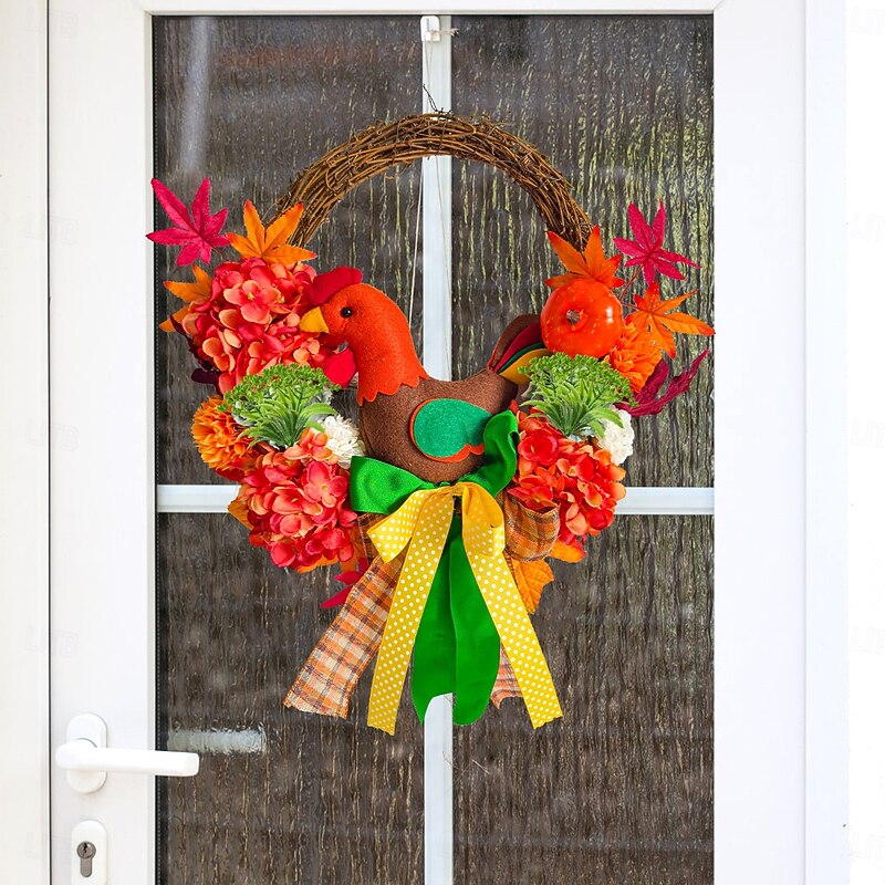 Fall Wreath for Front Door Thanksgiving Autumn Harvest Indoor Outdoor Decoration, Chick Plush and Hydrangea Twig Wreath with Maple Leaves Grapevine Garland4