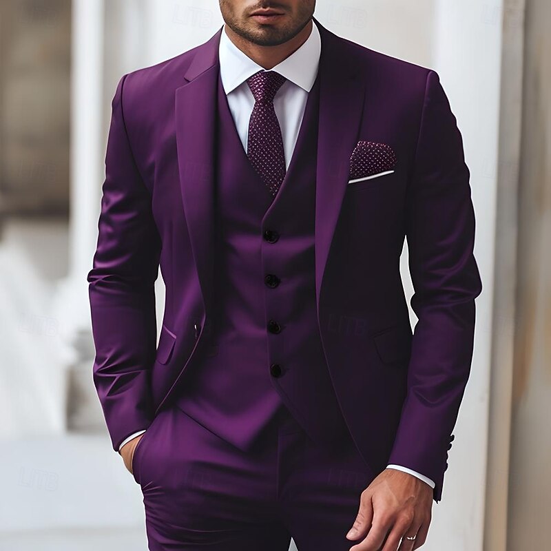 Men's Wedding Business Suits Notch Lapel Grape Navy Blue Fashion Formal Solid Colored Standard Fit 3 Piece Single Breasted One-button2