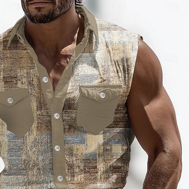 Men's Color Block Patchwork Shirt Western Shirt Cowboy Shirt Sleeveless Western Style Outdoor Work Causal Summer Spring Turndown 3D Print Front Two Pockets Button Up Shirts Blue Green Khaki3