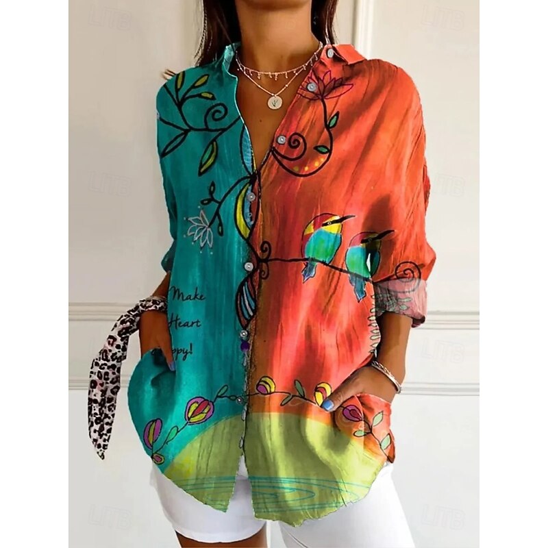 Women's Shirt Button Down Tunic Shirt Collar Long Sleeve Floral Graphic Vintage Tropical Daily Regular Tops Work Daily Holiday s Print Blue Orange Green Spring2