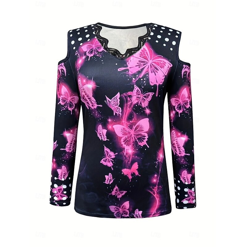 Women's Blouse Butterfly Daily Stylish Long Sleeve V Neck Regular Tops Daily Holiday Going out Cut Out Print Blue Purple Summer Spring2