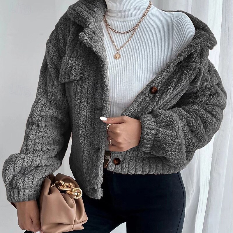 Women's Teddy Coat Warm Comfortable Buttons Casual Plain Daily Wear Going out Weekend Single Breasted Regular Turndown Regular Fit Long Sleeve Outerwear Black Brown Dark Blue Fall Winter4