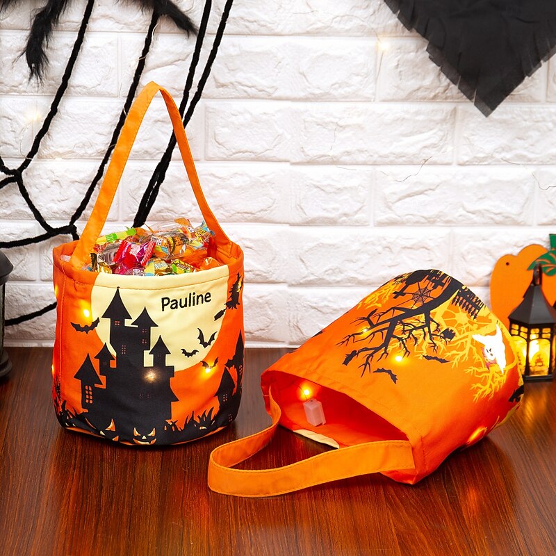 Personalized Name Halloween LED Treat Bag for Kids Custom Candy Tote Bag Basket for Trick or Treat, Glowing Pumpkin Ghost Theme, Light-Up Gift Bag with Name Embroidery, Perfect for Halloween Night and Party4