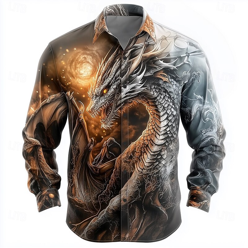 Men's Animal Dragon Shirt Button Up Shirt Long Sleeve Fashion Casual Vacation Daily Streetwear Summer Spring Turndown 3D Print Collared Shirts White Brown2