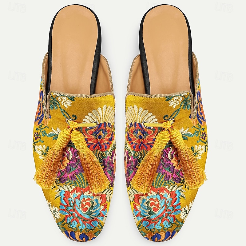 Men's Yellow Premium Cowhide Mules with Vibrant Floral Embroidery and Tassel Detail – Chic Footwear for Summer Gatherings and Casual Festivities4