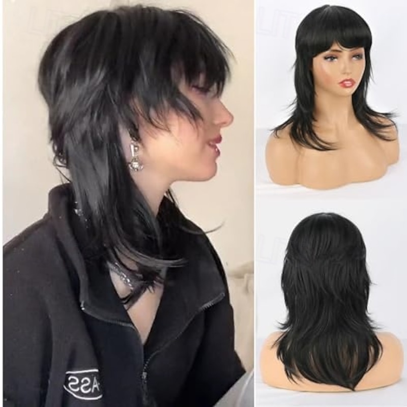 Mullet Wigs for Black Women Straight Wolf Cut Wig Mullet Wig Layered Mullet Wigs with Bangs Soft Synthetic Shag 80s 90s Mullet Wigs for Women Rocker Cosplay Wig Halloween Wigs2