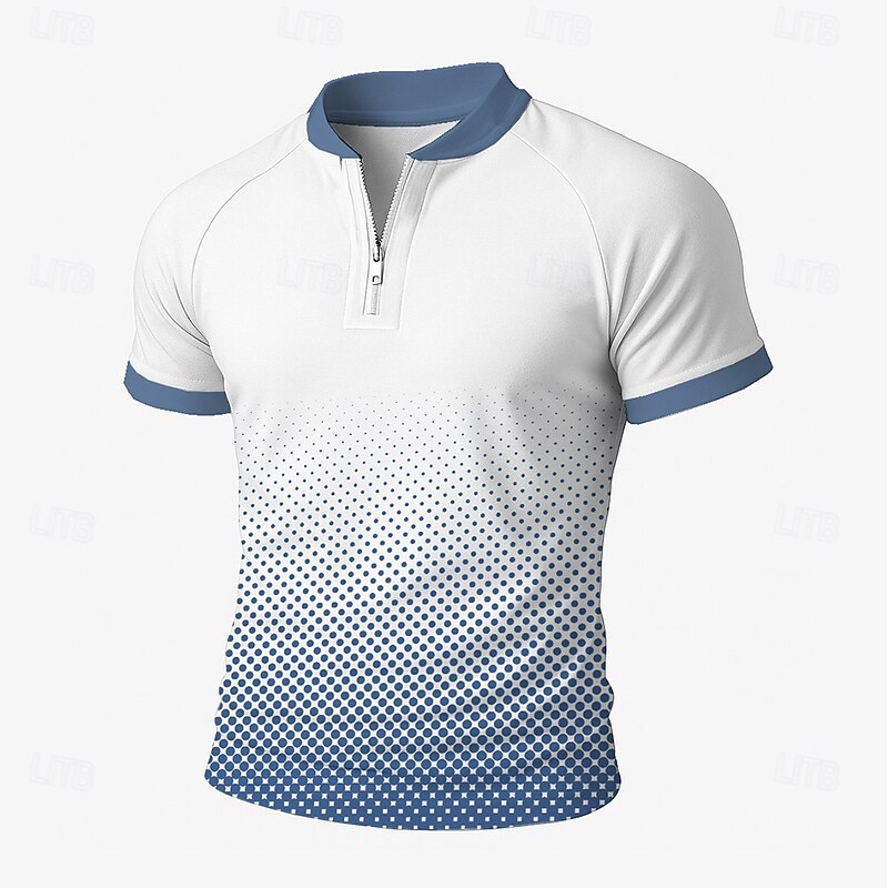 Men's Color Block Geometic Zip Polo Short Sleeve Standing Collar Business Leisure Business Athleisure Casual Daily Zipper 3D Print Summer Robin's Egg Blue Black Green