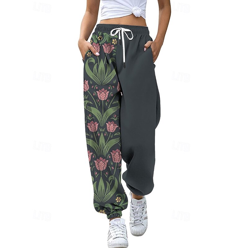 Women's Slacks Straight Streetwear Casual Full Length Natural Flower Pocket Printing Elastic Drawstring Design Outdoor Comfortable Outdoor Going out Grey Yellow Pink Army Green Fall Regular Fit3