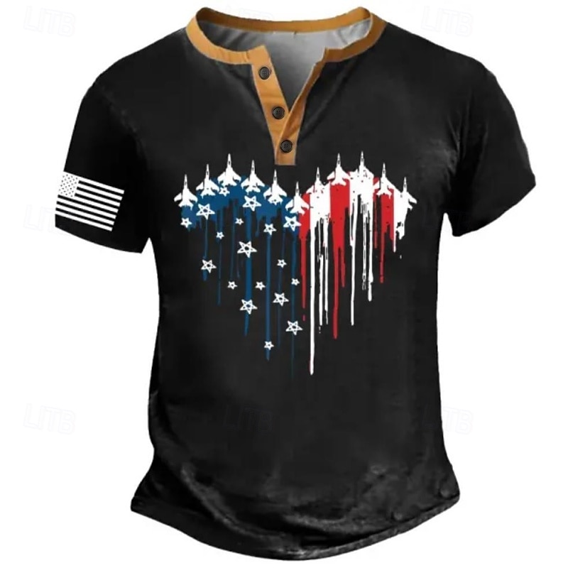 Men's American US Flag T Shirt Henley Shirt Short Sleeve Designer Retro Vintage Casual Street Casual Daily Summer Spring Army Green Black Navy Blue Henley Henley T-Shirt