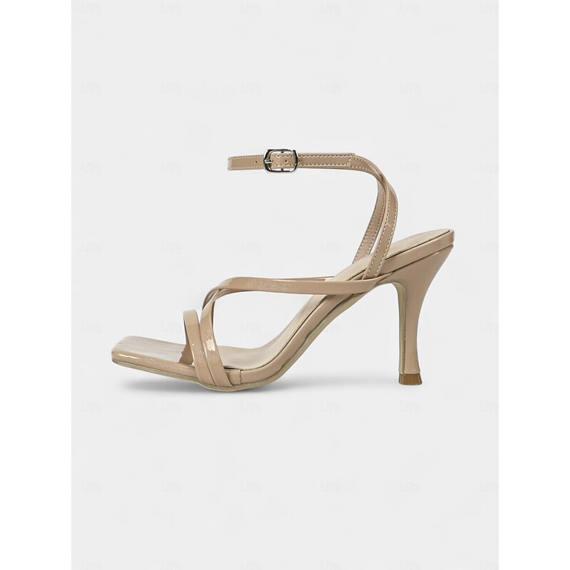 Women's Nude Strappy Heels with Ankle Strap - Elegant Square-Toe Sandals for Cocktail Parties and White Parties4