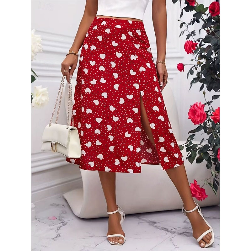 Women's Skirt A Line Fashion Casual Above Knee High Waist Skirts Polka Dot Print Micro-elastic Street Daily Red Summer Polyester