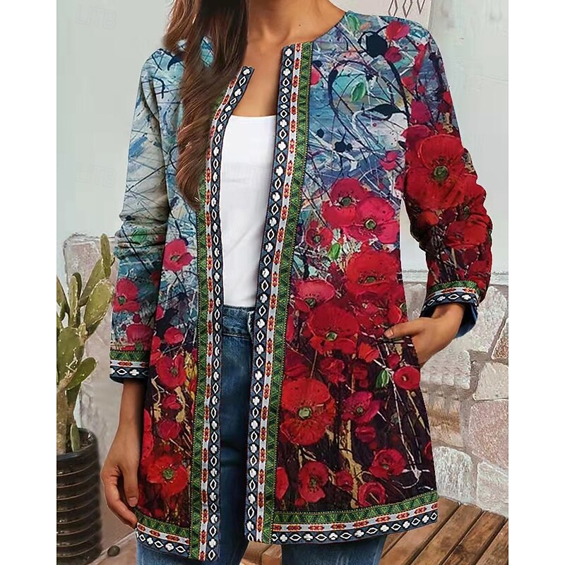 Women's Dressy Dusters Dressy Jackets Casual Jacket Street Going out Fall Winter Regular Coat Regular Fit Warm Comfortable Fashion Modern Jacket Long Sleeve Floral Pocket Red Purple Orange2