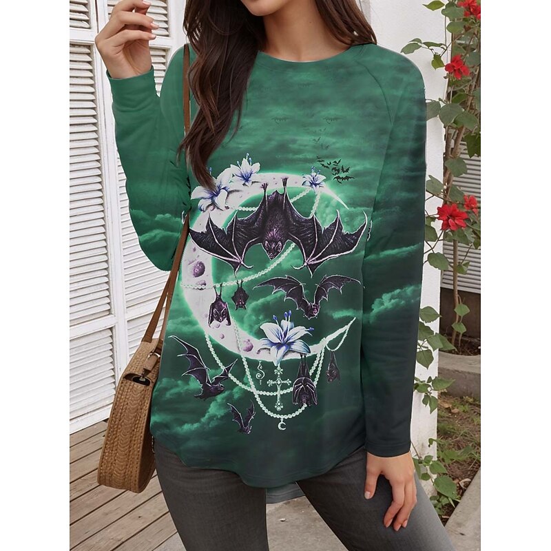 Sarah Richter by Halloween Women's T shirt Bat Tribal Vintage Stylish Trendy Long Sleeve Crew Neck Round Neck Long Tops Daily Going out Print Red Blue Green Fall Winter3