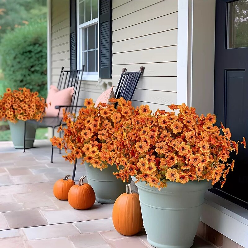 10 Bundles Fall Artificial Violet Flowers for Outdoor Decoration, UV-Resistant Realistic 7-Branch Faux Autumn Floral Arrangements for Porch, Patio, Garden, and Home3
