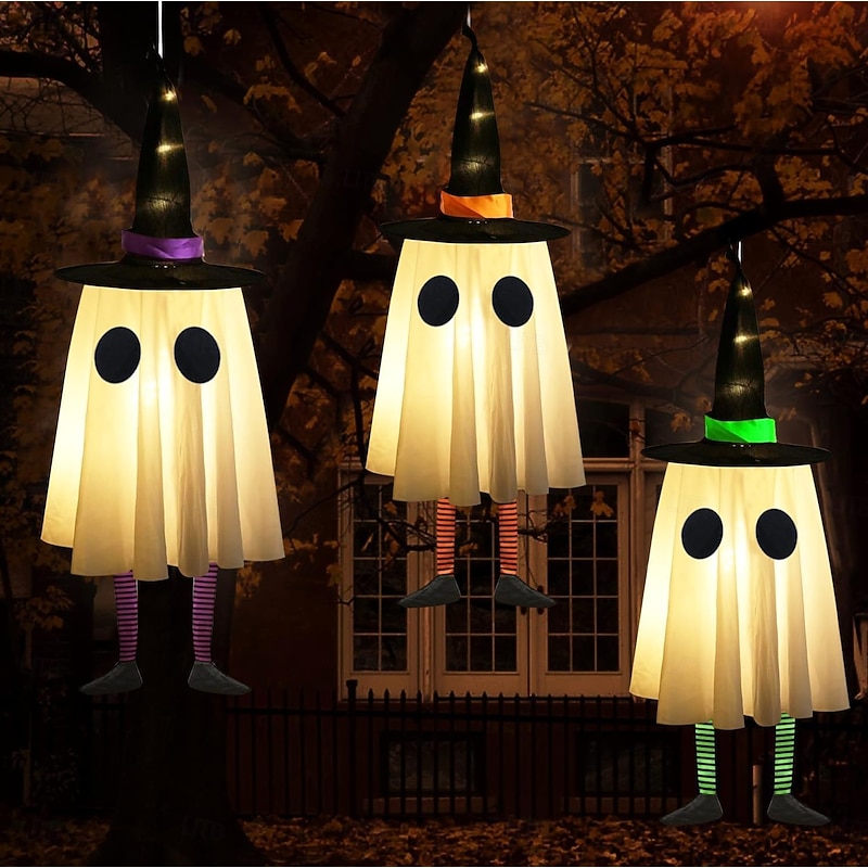3 Pcs 60cm Halloween Outdoor Lights Hanging Luminous Witch Hat Long Legs Outdoor Indoor Halloween Party Party Hanging Tree Roof Wall Festive Atmosphere Decorative Light Three Button Batteries2