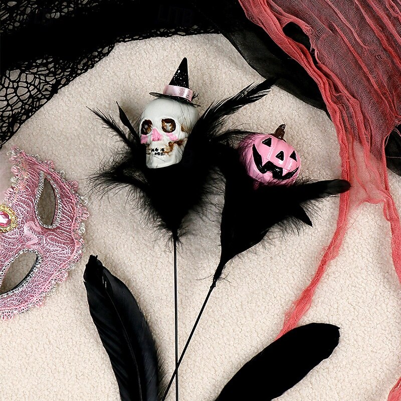 1 Bundle Halloween Faux Flower Bouquet with Feather, Pumpkin and Skull Picks, Scary Artificial Floral for Party and Home Decor2