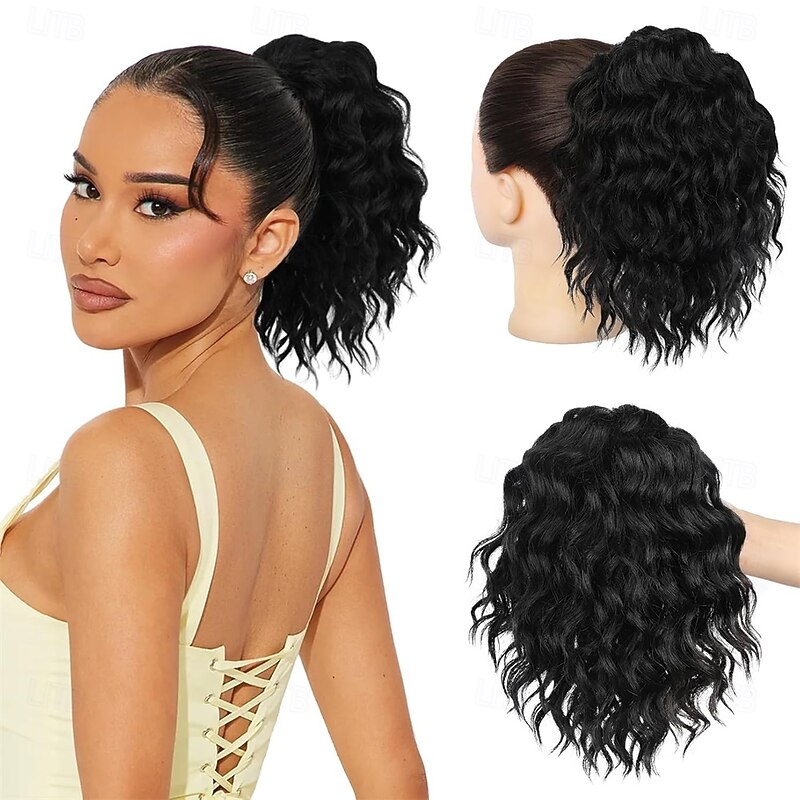 Ponytail Extension 10 Short Curly Claw Clip Ponytail Extension for Black Women Synthetic Fluffy Soft Wavy Pony Tails Hair Extensions Natural Black