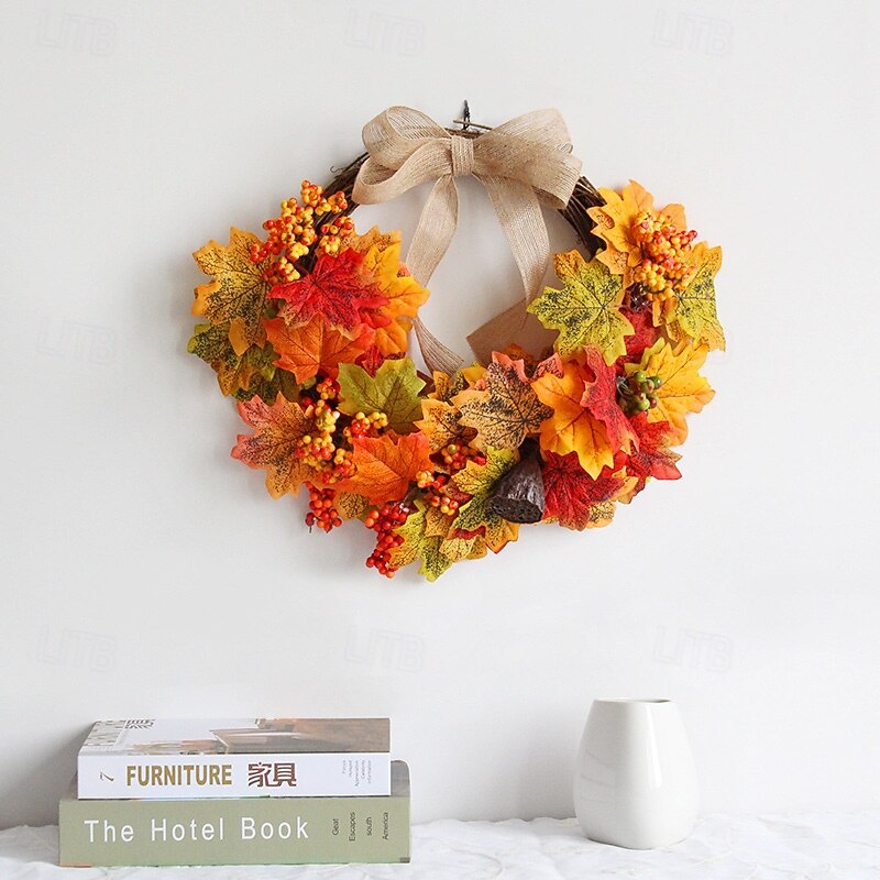 Fall Wreath for Front Door Thanksgiving Autumn Harvest Indoor Outdoor Decoration, Artificial Maple Leaf Grapevine Wreath Rustic Fall Wall Hanging Decor2