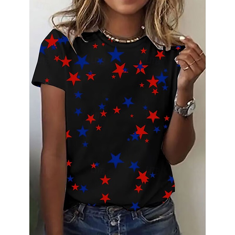 Women's Patriotic  T Shirt Graphic Star Vintage Stylish Classic Short Sleeve Crew Neck Regular Tops Daily Weekend Print Black White Pink Summer2
