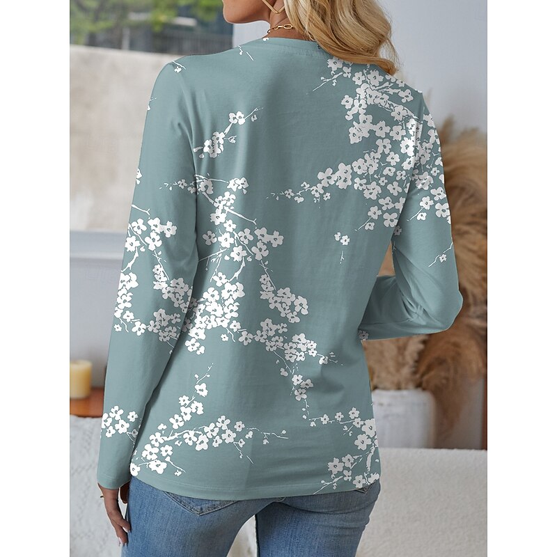 Women's T shirt Crew Neck Long Sleeve Tunic Floral Graphic Plants Vintage Stylish Casual  Regular Tops Daily Weekend Print Blue Dusty Blue Purple Green Summer2