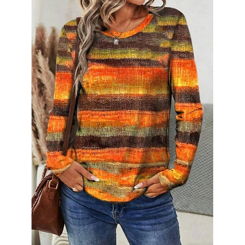 Women's T shirt Crew Neck Long Sleeve Tunic Graphic Geometric Color Gradient Vintage Stylish  Round Neck Regular Tops Daily Sports Weekend Print White Orange Fall Spring, Fall, Winter, Summer2