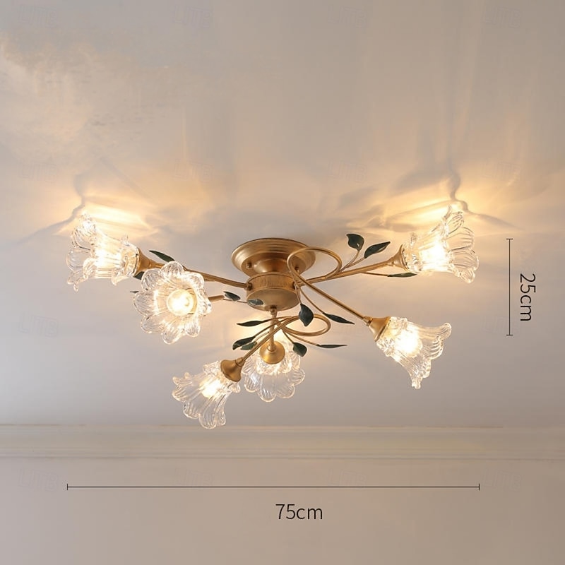 6/8/10-Light Floral Ceiling Light, Vintage Tulip Flower Semi-Flush Mount Ceiling Lamp, Gold Metal Branch with Frosted Glass Shades for Living Room, Bedroom3