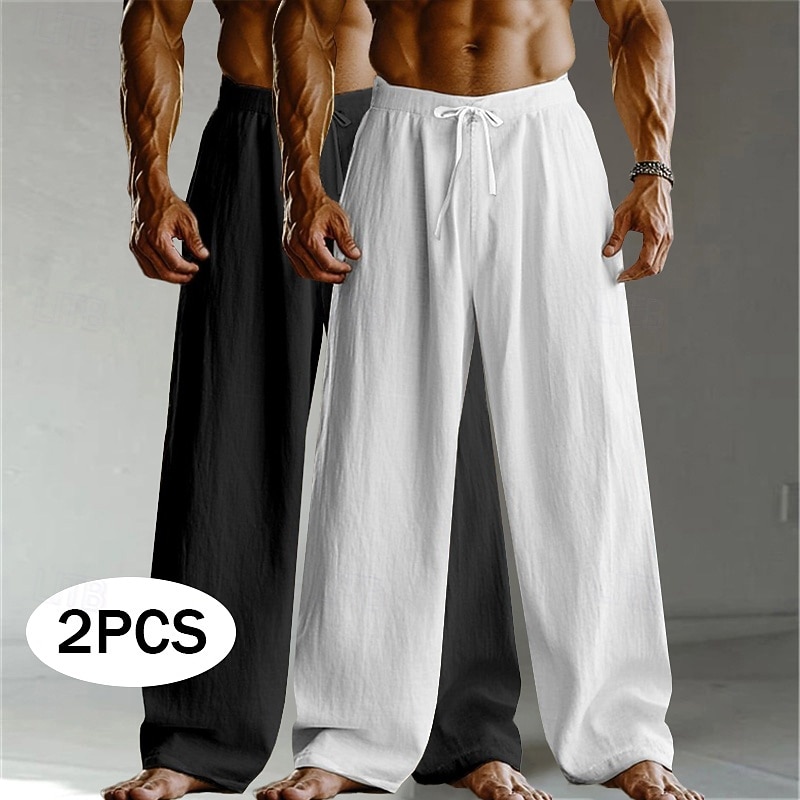 Men's Linen Pants Trousers Summer Pants Baggy Pants Beach Pants Drawstring Elastic Waist Straight Leg Plain Comfort Breathable Full Length Home Daily Holiday Vacation Fashion White+Khaki Khaki+Black