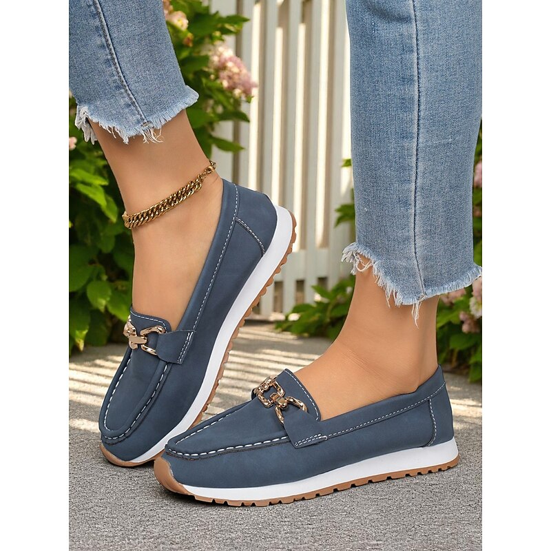 Women's Loafers with Gold Buckle – Casual Slip-On Flat Shoes for Garden Walks, Brunch & Everyday Errands