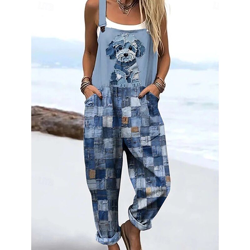 Women's Dungarees Active Graphic Sleeveless Vacation Daily Loose Fit Black White Blue Summer