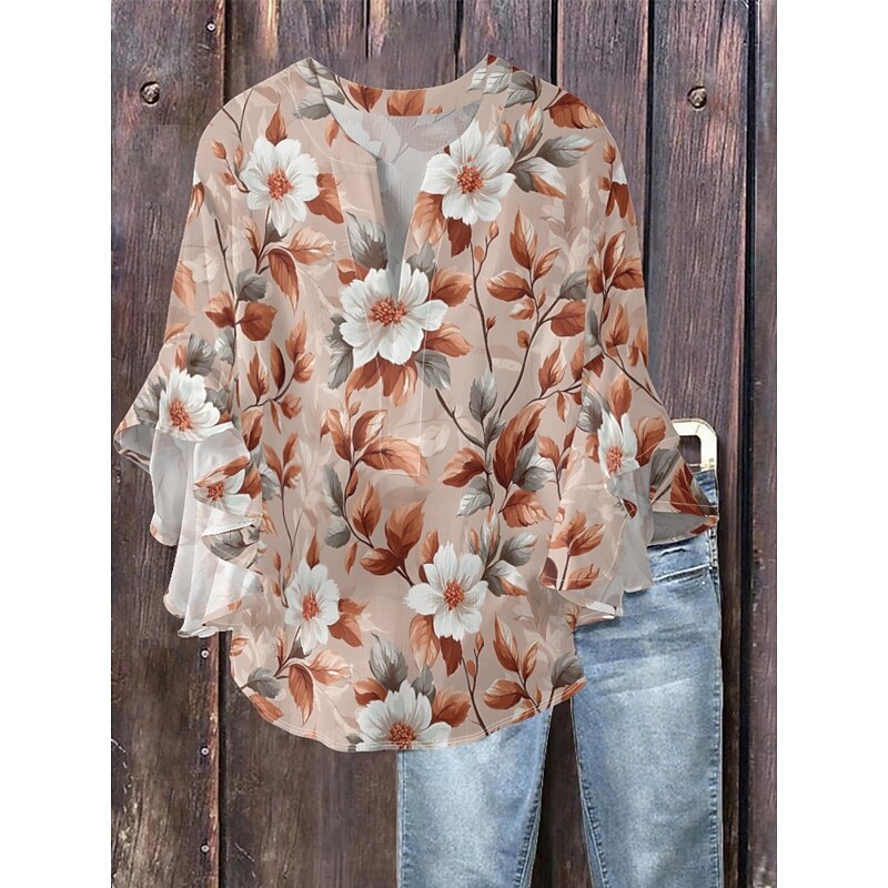 Women's Blouse Floral Stylish Modern 3/4 Length Sleeve V Neck Regular Tops Daily Holiday Ruffle Print Grass Green Pink Navy Blue Green Summer3