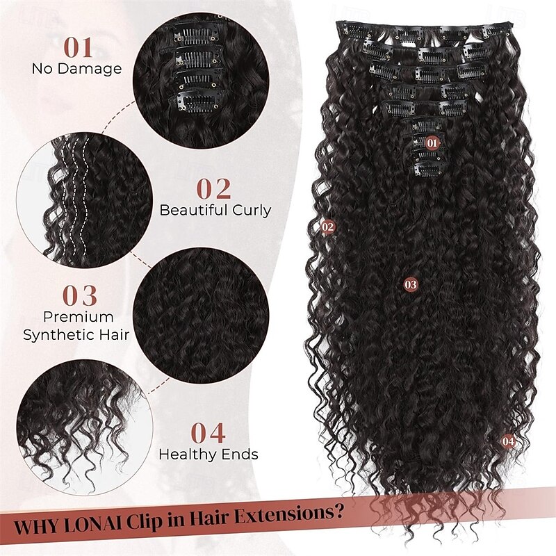 Hair Extension 9PCS 22 Curly Clip in Hair Extensions Long Soft Thick Synthetic Hairpieces for Women- Black Brown4