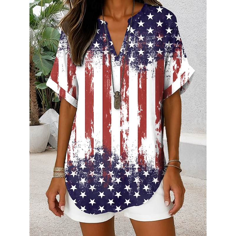 Women's Patriotic  Blouse Graphic Flag Vintage Daily Stylish Short Sleeve V Neck Regular Tops Daily Holiday Denim Blue Red Blue Dusty Blue Summer Spring