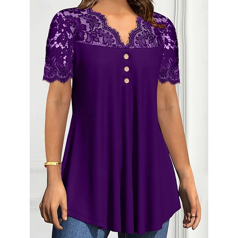 Women's Lace Shirt Solid Color Stylish Casual Short Sleeve V Neck Regular Tops Daily Lace Patchwork Buttons Black Wine Purple Summer Spring3