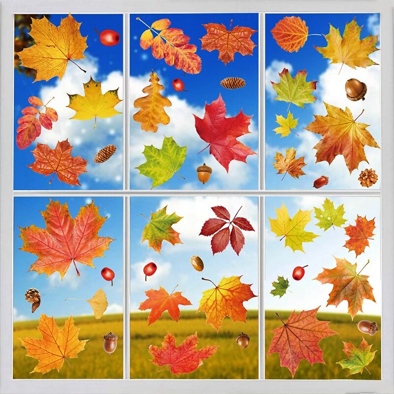 9 Sheets Fall Window Cling Thanksgiving Sticker Decals Decorations Double Side, Autumn Maple Leaves Static Clings for Glass Window Display Wall Decor Home Shop Classroom - Main Image