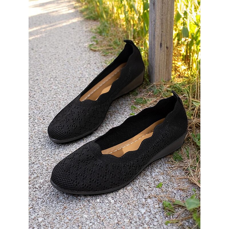 Women's Black Knit Slip-On Flats, Breathable Fly-Weave Round-Toe Shoes for Casual Outings, Office Commute and Summer Countryside Walks4