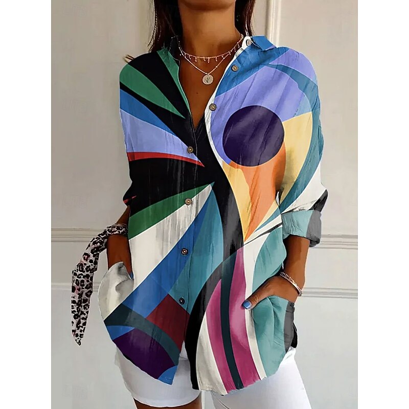 Women's Shirt Button Down Tunic Shirt Collar Long Sleeve Graphic Geometric Polka Dot Vintage Daily Stylish Regular Tops Work Daily s Print Blue Orange Brown Green Khaki Spring4