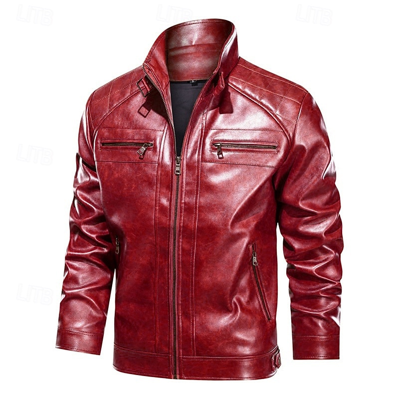Men's Faux Leather Jacket Biker Jacket Red Leather Jacket Motorcycle Jacket Vacation Daily Windproof Warm Pocket Fall Winter Plain Fashion Classic Stand Collar Regular Black Red Brown Jacket2