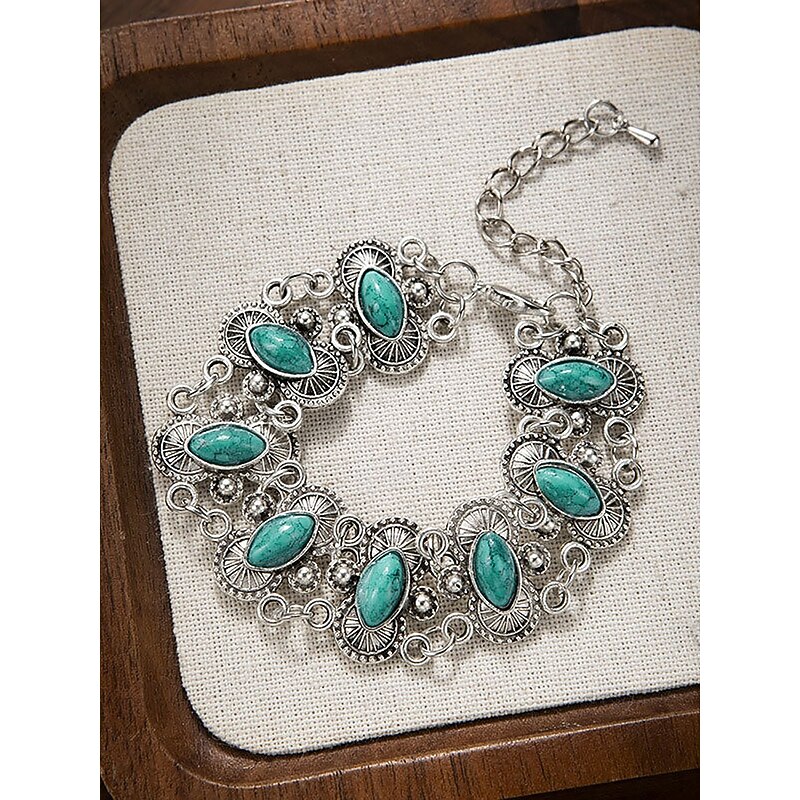Women's Vintage Boho Turquoise Stone Bracelet – Antique Silver-Plated Chain Link Design for Casual Wear Parties and Gifts2