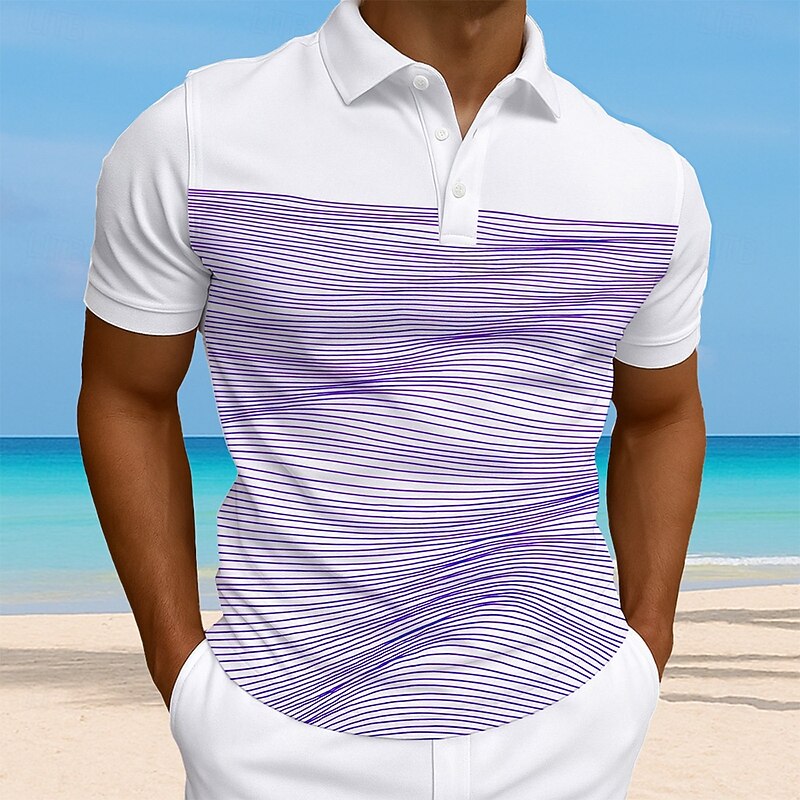 Men's Striped Waves Polo Short Sleeve Polo Collar Vacation Athleisure Casual Daily 3D Print Buttons Summer Violet Robin's Egg Blue Green2