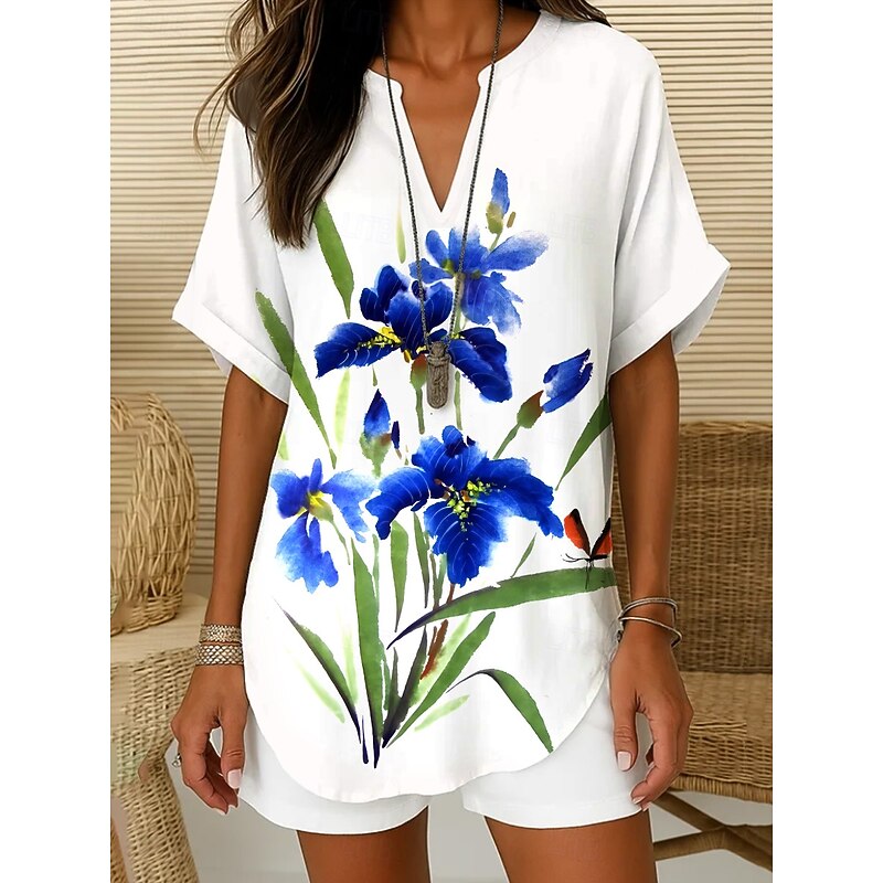 Women's Boho Shirt Floral Graphic Bohemia Vintage Tropical Short Sleeve Regular Tops Daily Holiday Beach Wear White Blue Beige Summer Spring2
