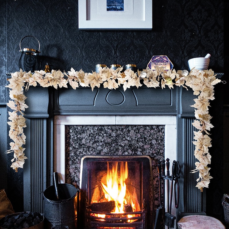 Fall Leaves Garland with White Pumpkins Autumn Maples Berry Thanksgiving Garland 6.56 ft  Christmas Halloween Fall Mantel Decor for Home Outdoor Indoor3